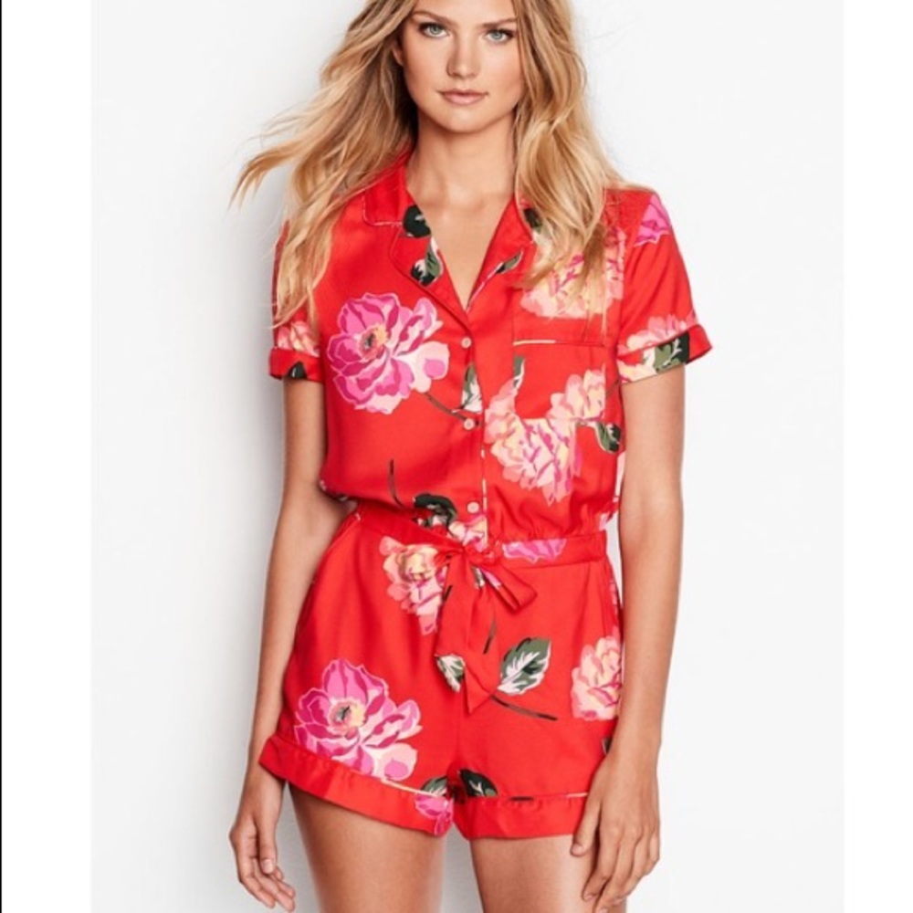 Victoria Secret Red Floral satin PJ Lounge Romper